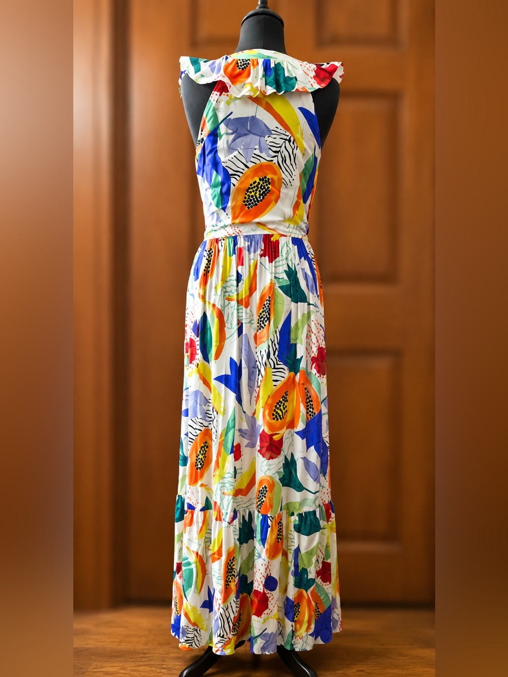 Oliphant  small Tropical  Print Ruffle V Neck Maxi Dress Resort Boho Vacation - Picture 3 of 6
